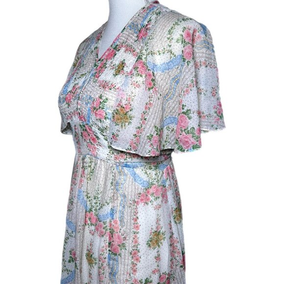 Vintage 70’s White w/ Pink Floral Prairie Cottagecore Maxi Dress - Picture 4 of 8